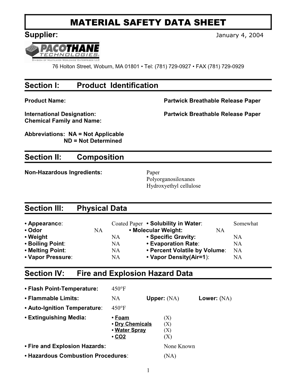 Materials Safety Data Sheet