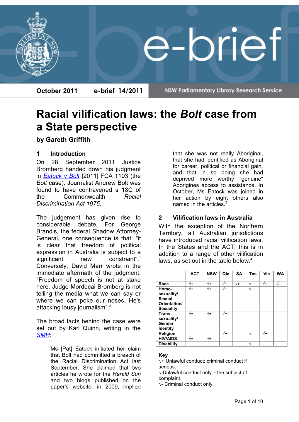 Racial Vilification Laws: the Bolt Case from a State Perspective by Gareth Griffith