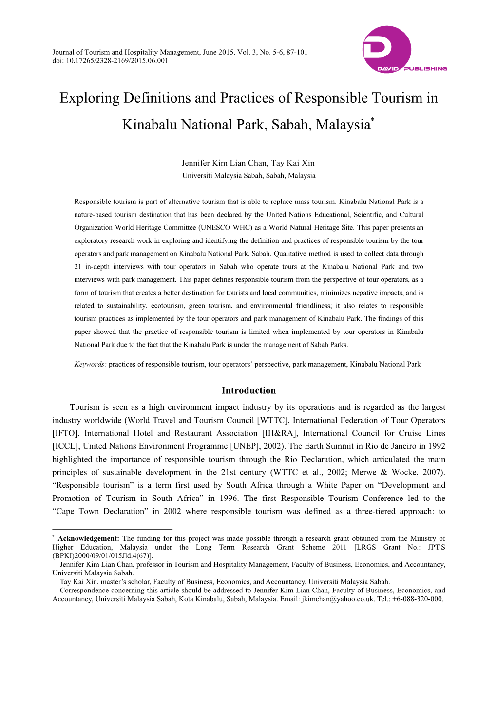 Exploring Definitions and Practices of Responsible Tourism in Kinabalu National Park, Sabah, Malaysia∗