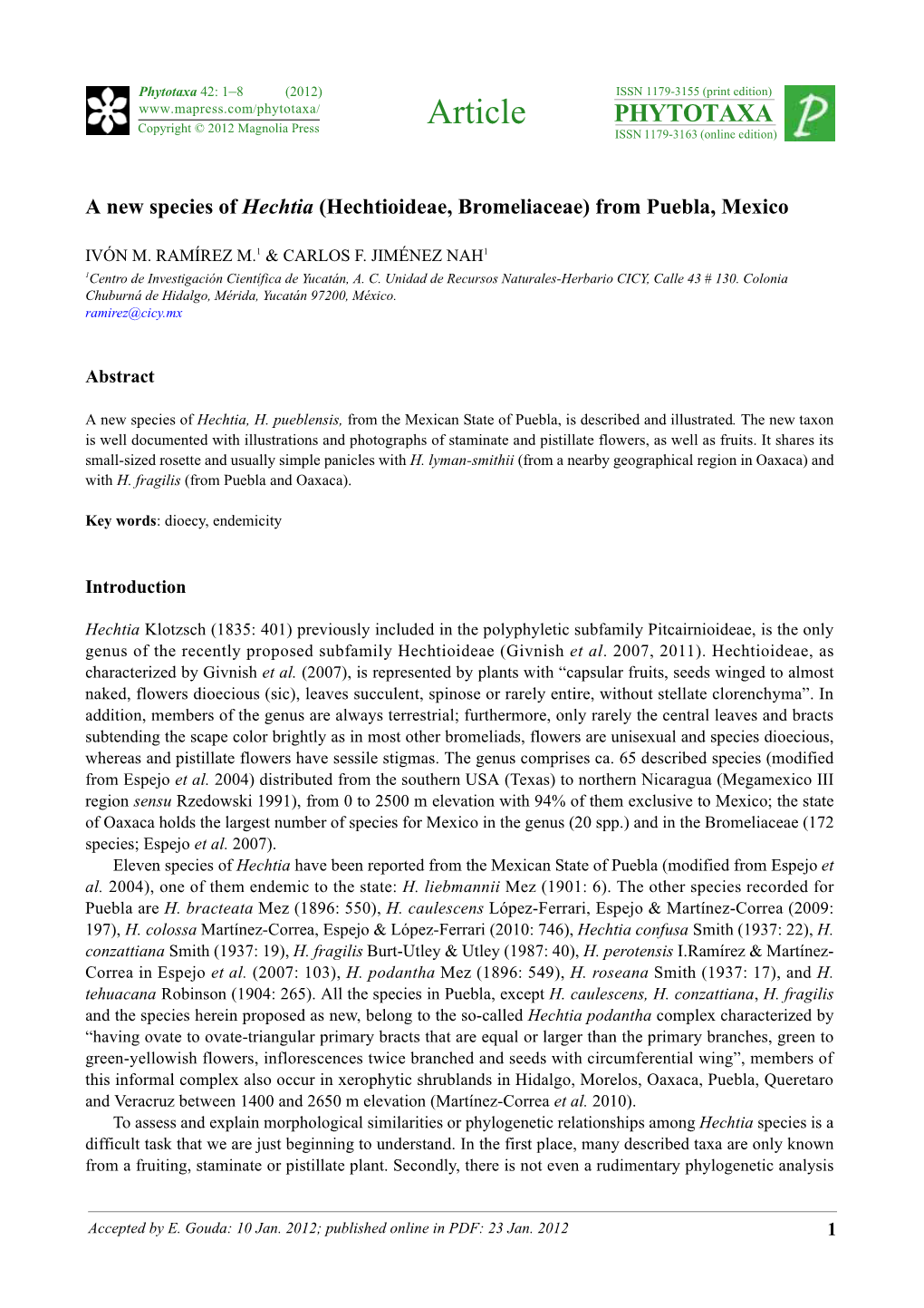 A New Species of Hechtia (Hechtioideae, Bromeliaceae) from Puebla, Mexico