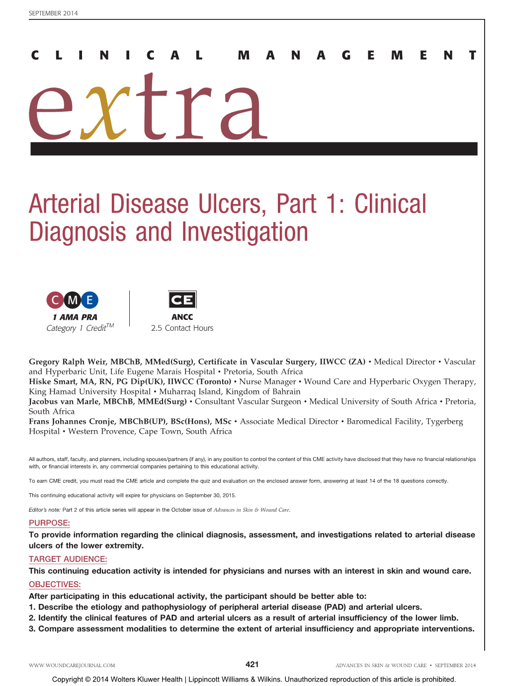 Arterial Disease Ulcers, Part 1: Clinical Diagnosis and Investigation