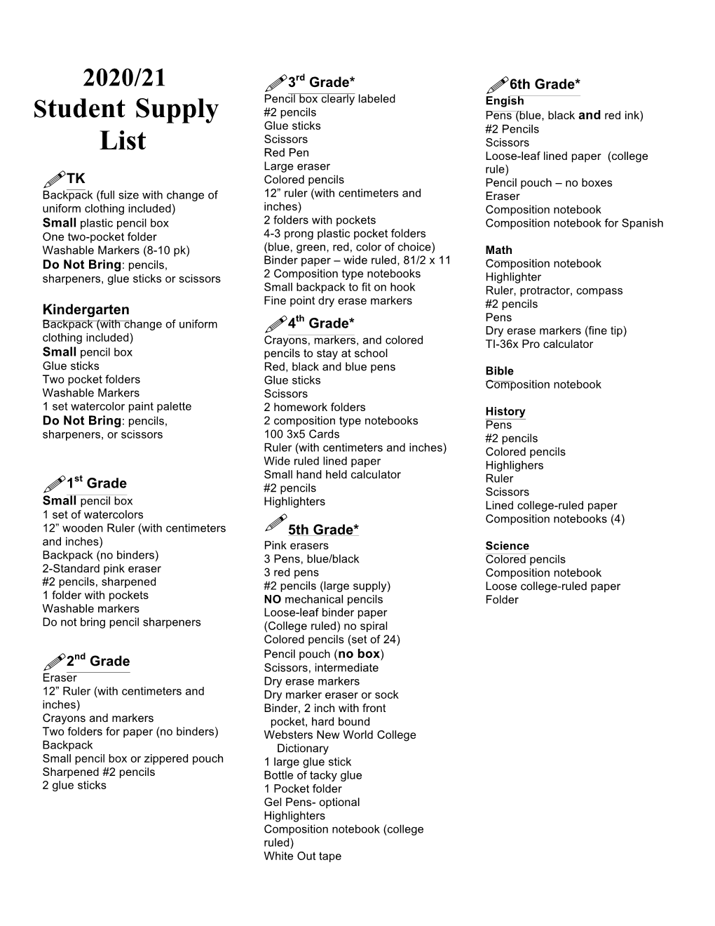 Student Supply List