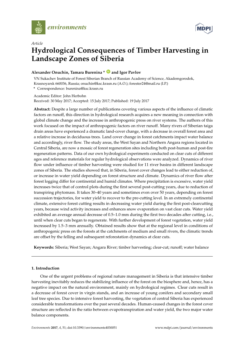 Hydrological Consequences of Timber Harvesting in Landscape Zones of Siberia