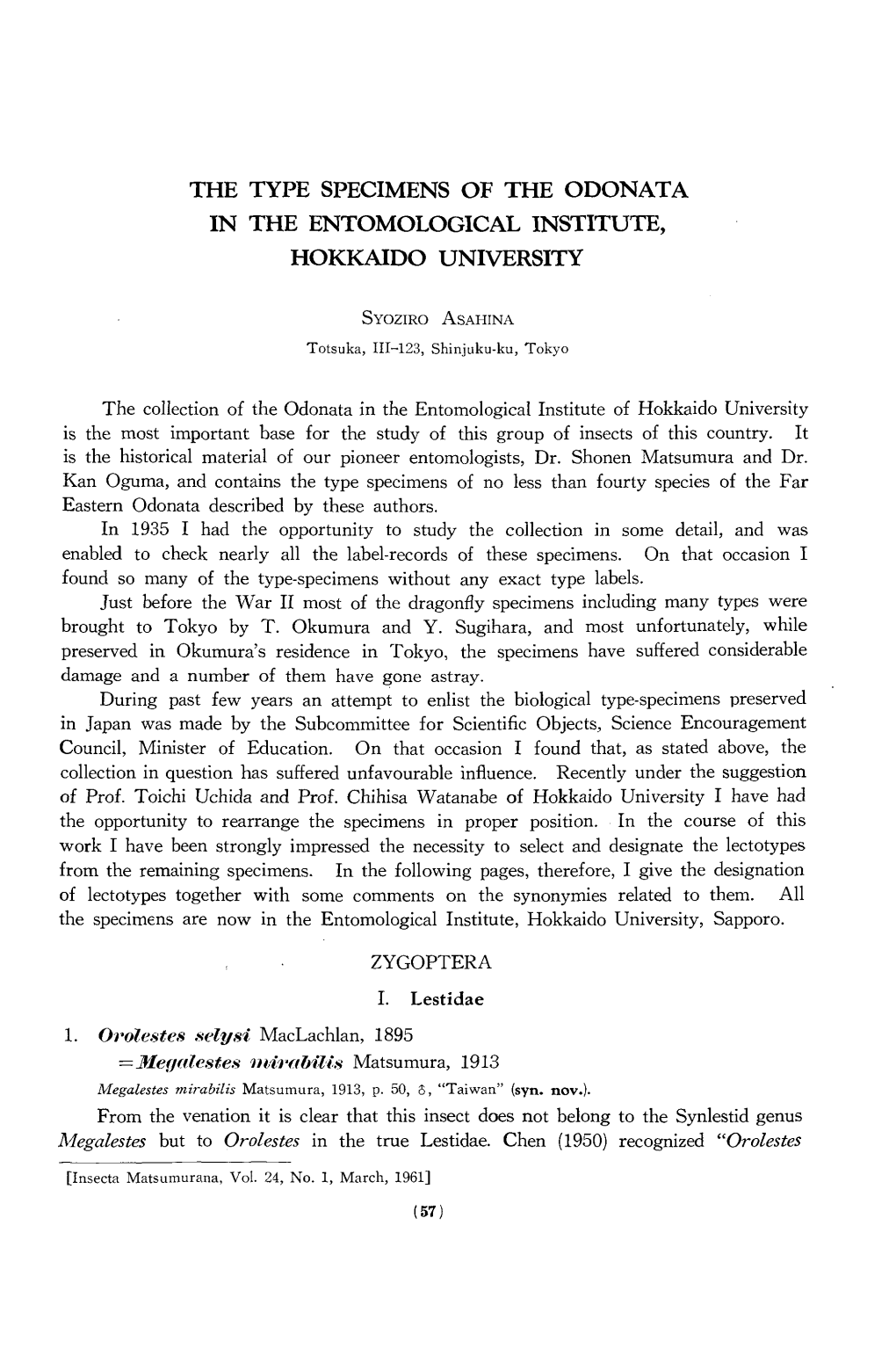 The Type Specimens of the Odonata in the Entomological Institute, Hokkaido University