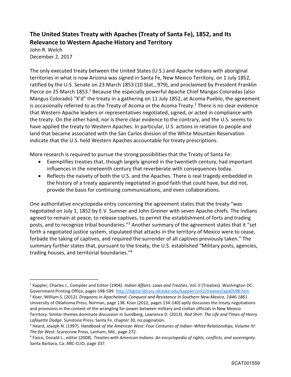 (Treaty of Santa Fe), 1852, and Its Relevance to Western Apache History and Territory John R