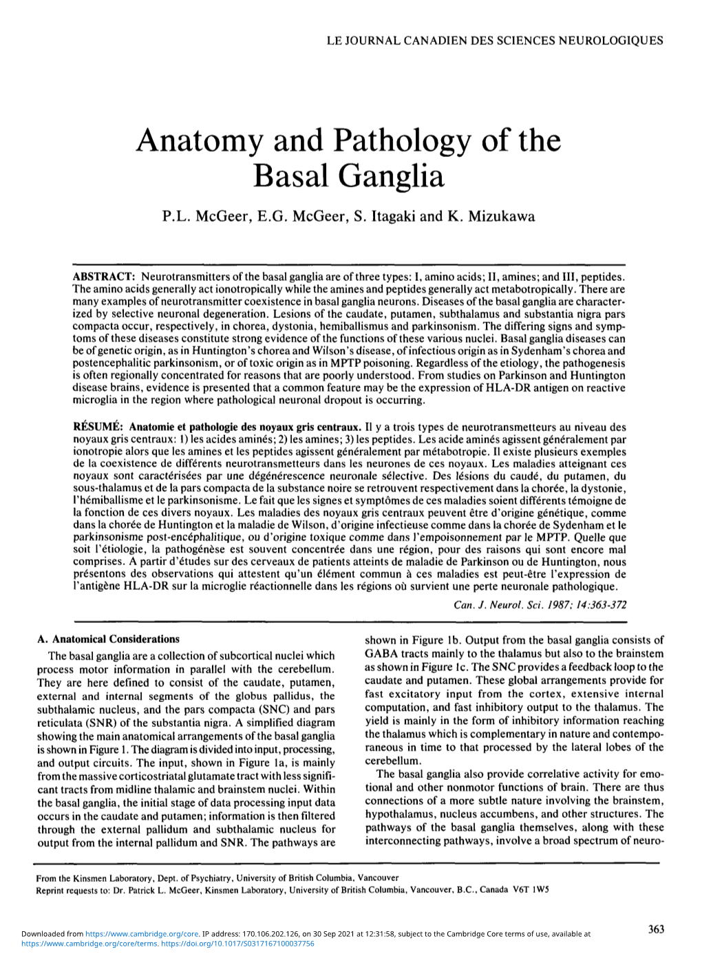Anatomy and Pathology of the Basal Ganglia P.L