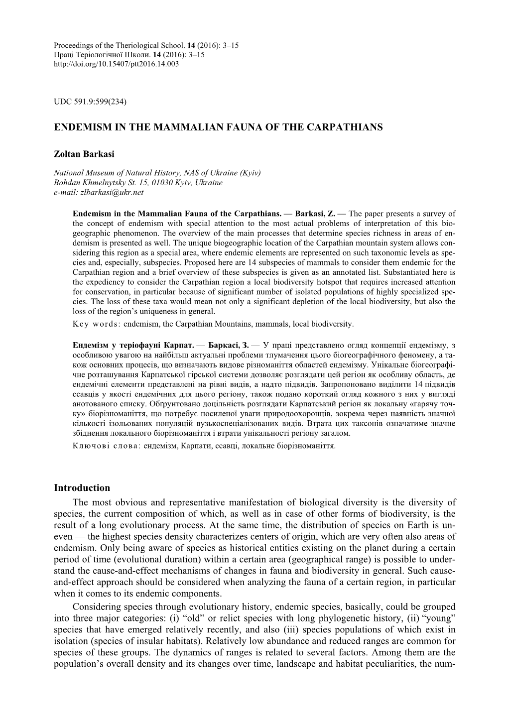 ENDEMISM in the MAMMALIAN FAUNA of the CARPATHIANS Introduction