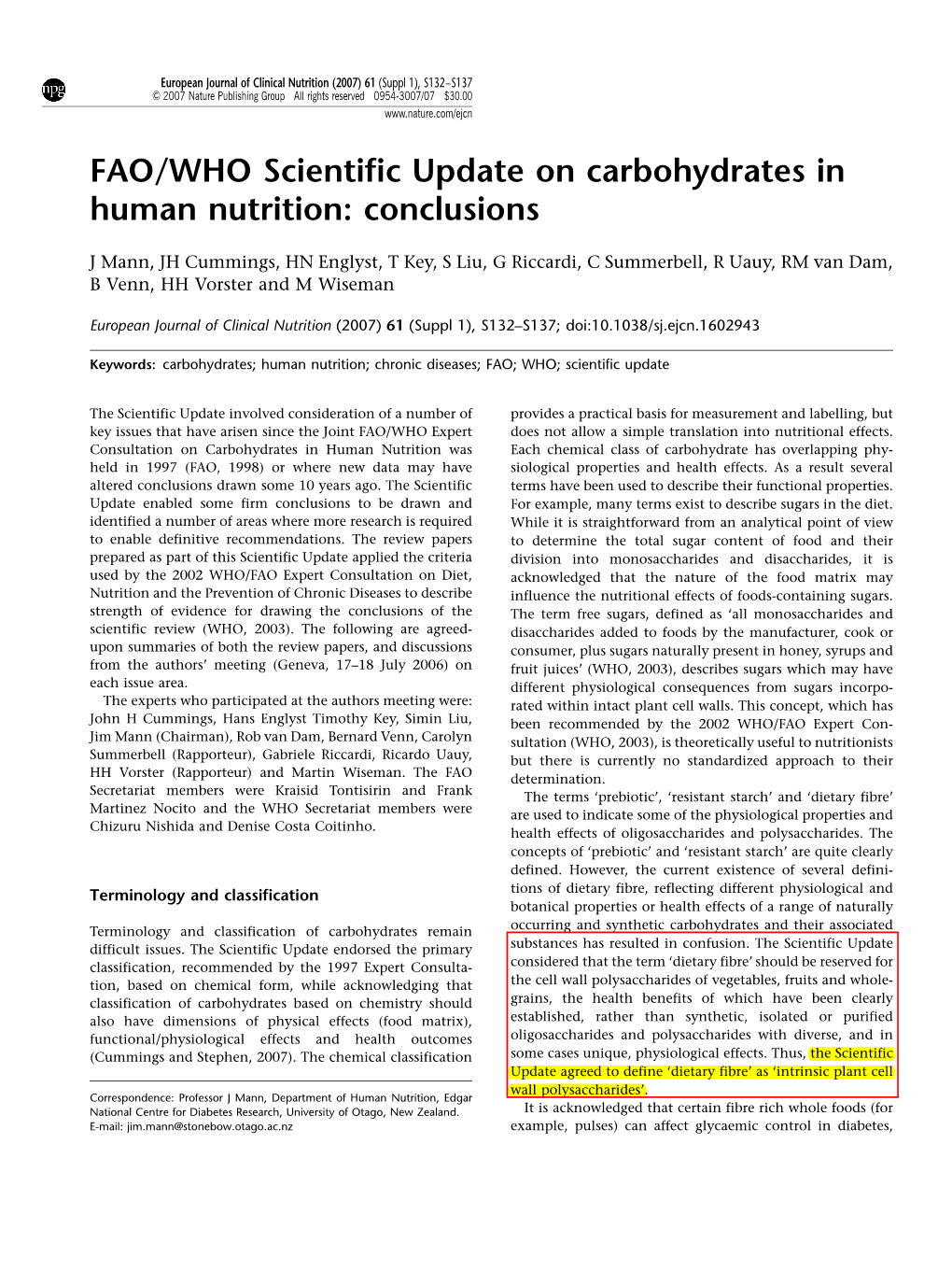 FAO/WHO Scientific Update on Carbohydrates in Human Nutrition: Conclusions