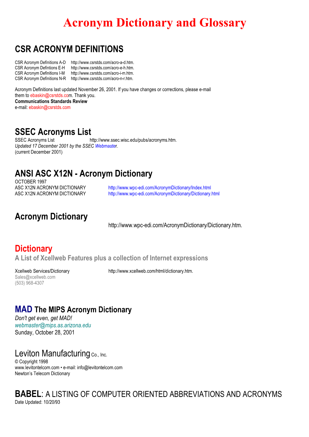 Acronym Dictionary and Glossary