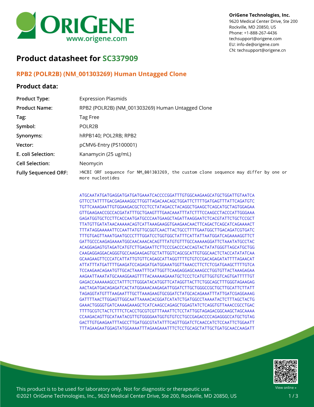 RPB2 (POLR2B) (NM 001303269) Human Untagged Clone Product Data