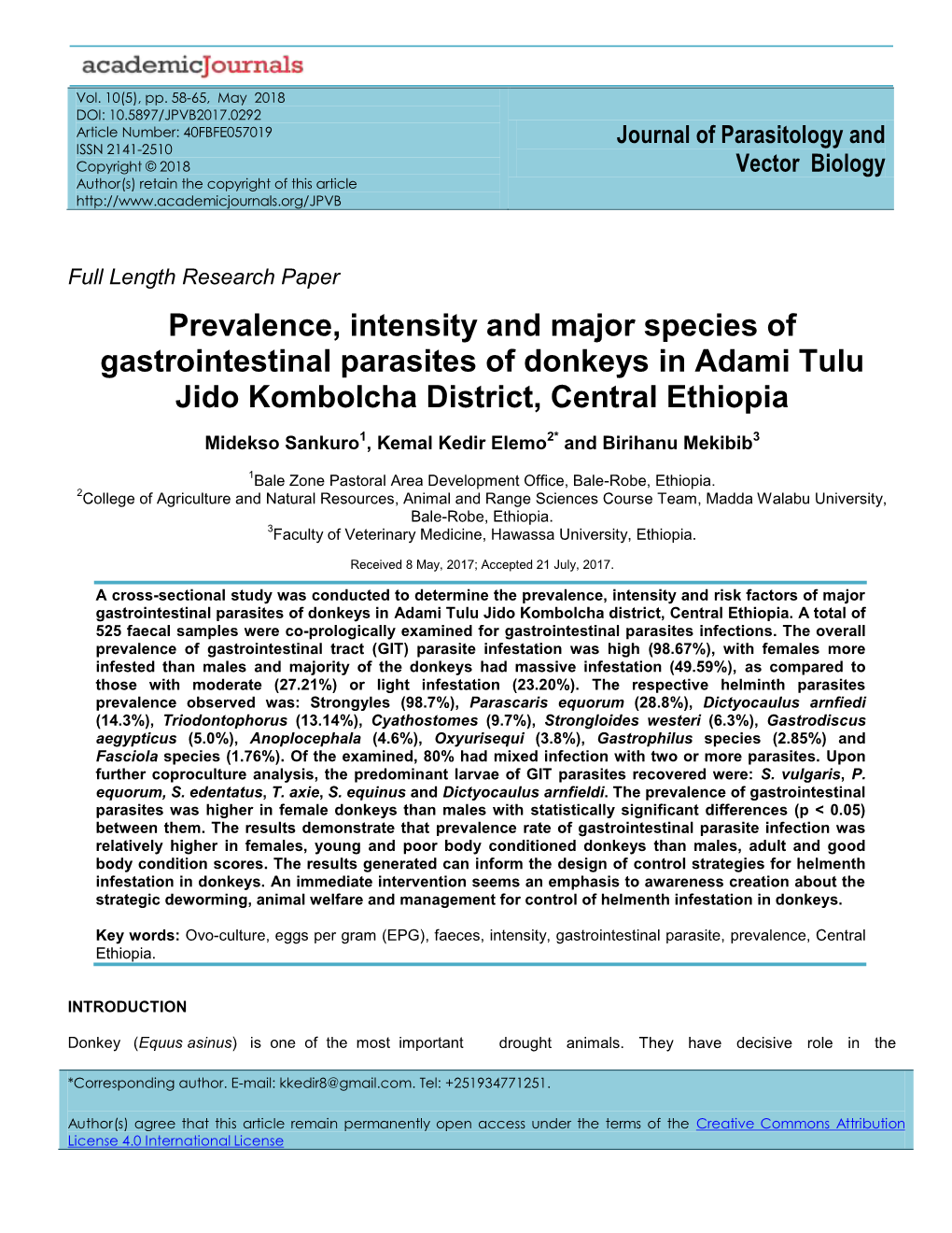 Prevalence, Intensity and Major Species of Gastrointestinal Parasites of Donkeys in Adami Tulu Jido Kombolcha District, Central Ethiopia