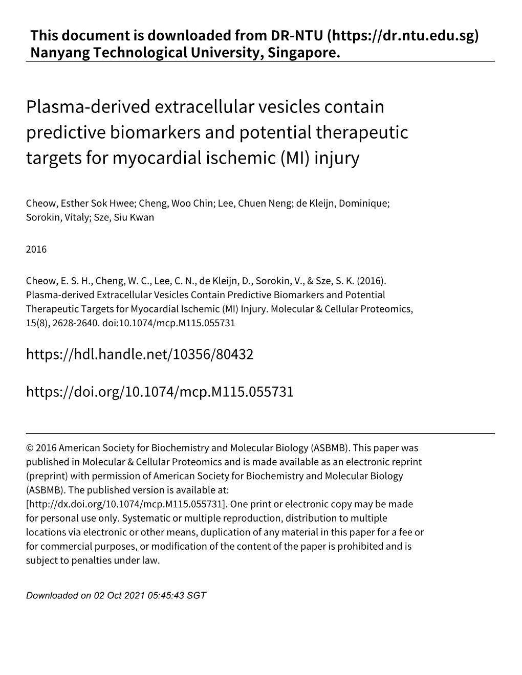 Plasma-Derived Extracellular Vesicles Contain Predictive Biomarkers and Potential Therapeutic Targets for Myocardial Ischemic (MI) Injury*□S