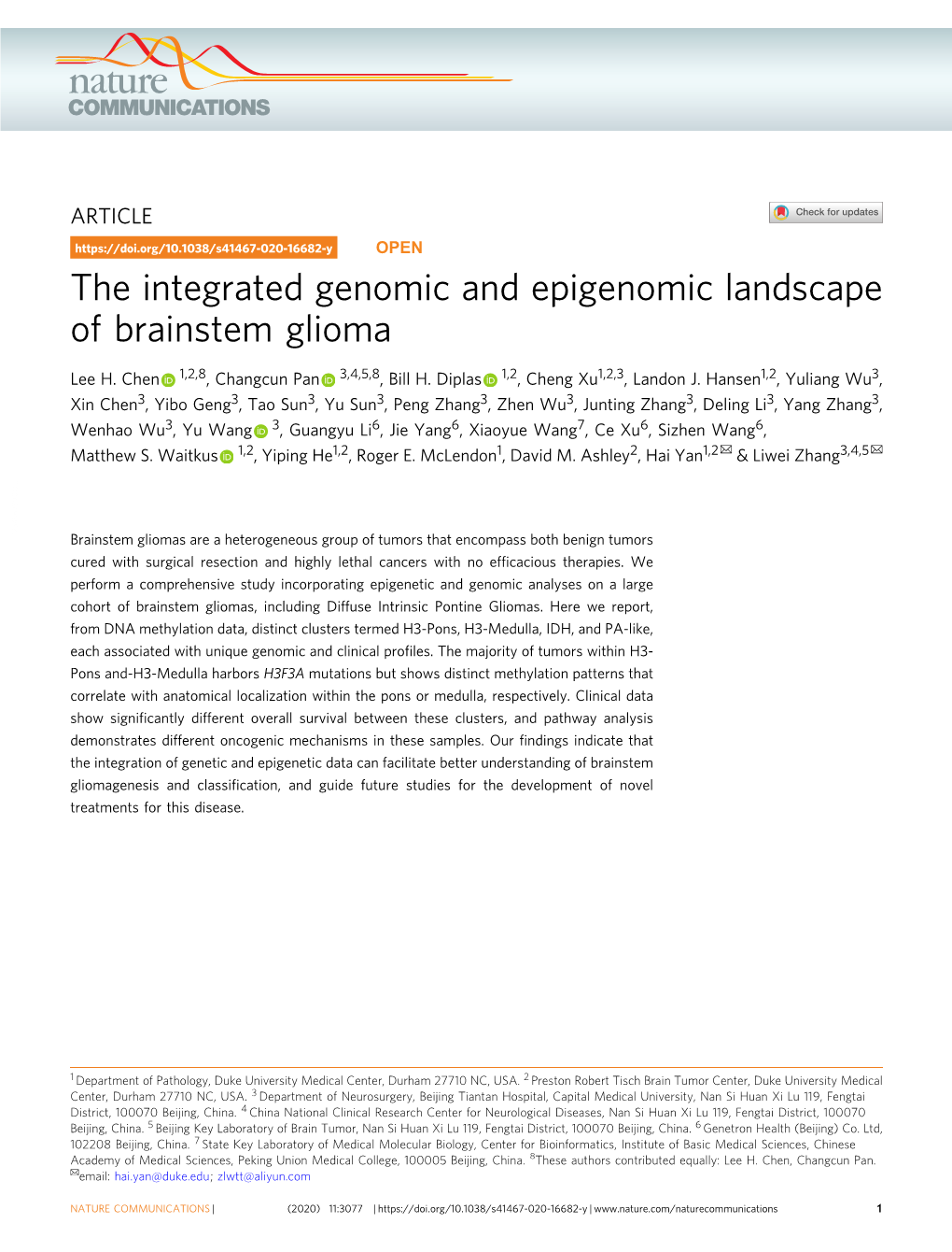 The Integrated Genomic and Epigenomic Landscape of Brainstem Glioma