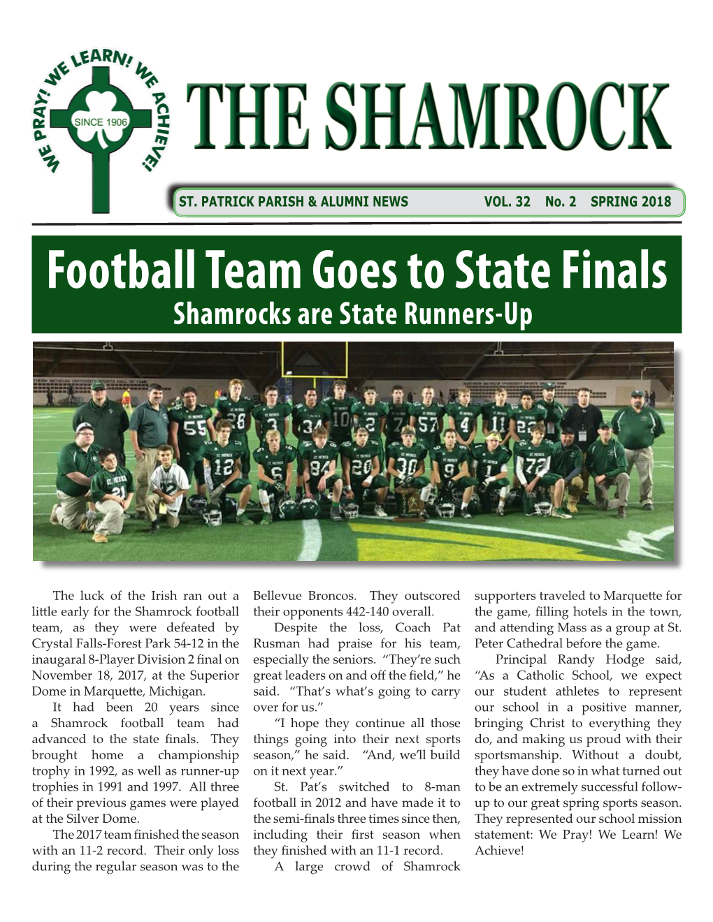 Football Team Goes to State Finals Shamrocks Are State Runners-Up!