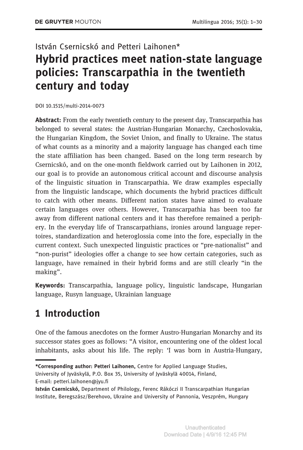 Hybrid Practices Meet Nation-State Language Policies: Transcarpathia in the Twentieth Century and Today