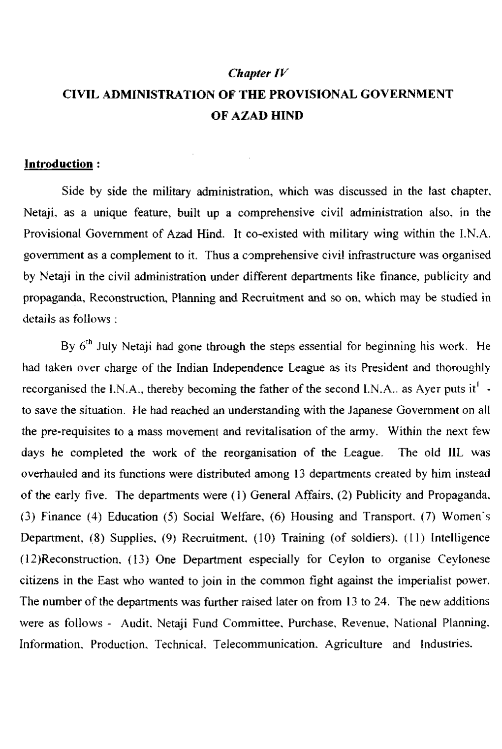 Chapter IV CIVIL ADMINISTRATION of the PROVISIONAL GOVERNMENT of AZAD HIND