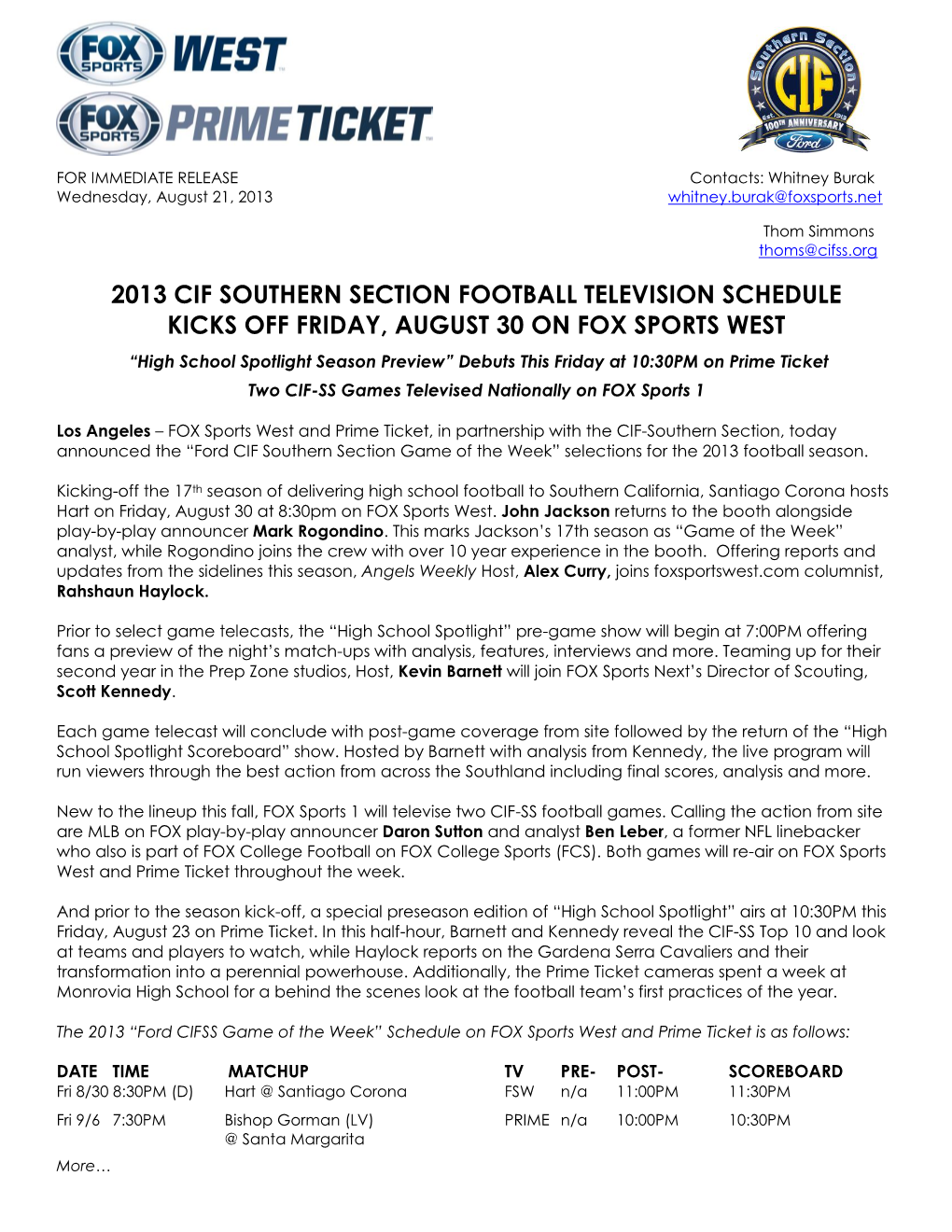 2013 Cif Southern Section Football Television Schedule Kicks Off Friday, August 30 on Fox Sports West