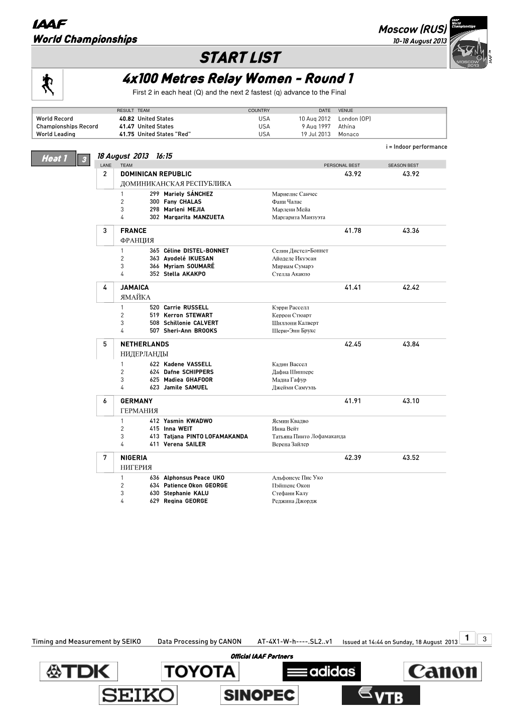 START LIST 4X100 Metres Relay Women - Round 1 First 2 in Each Heat (Q) and the Next 2 Fastest (Q) Advance to the Final