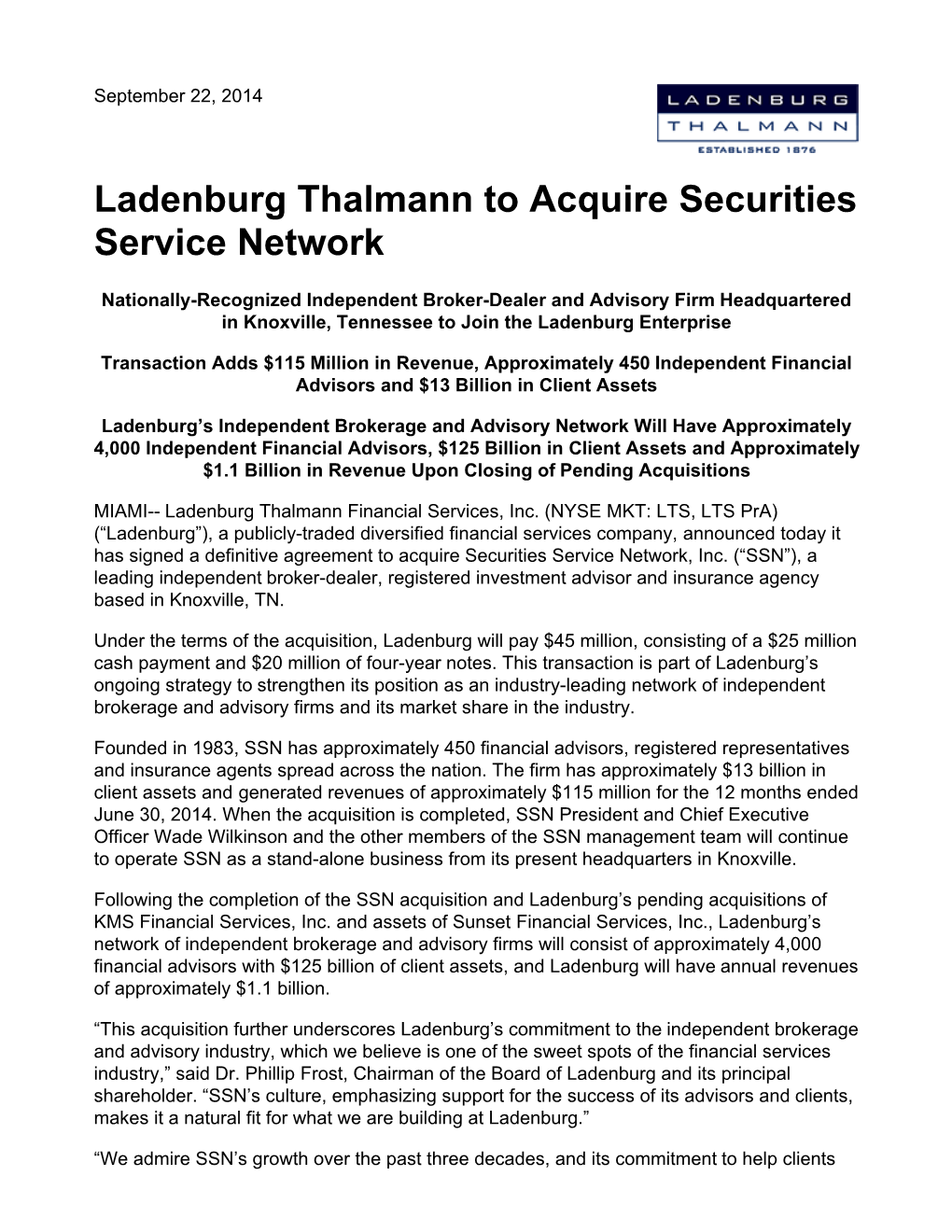 Ladenburg Thalmann to Acquire Securities Service Network