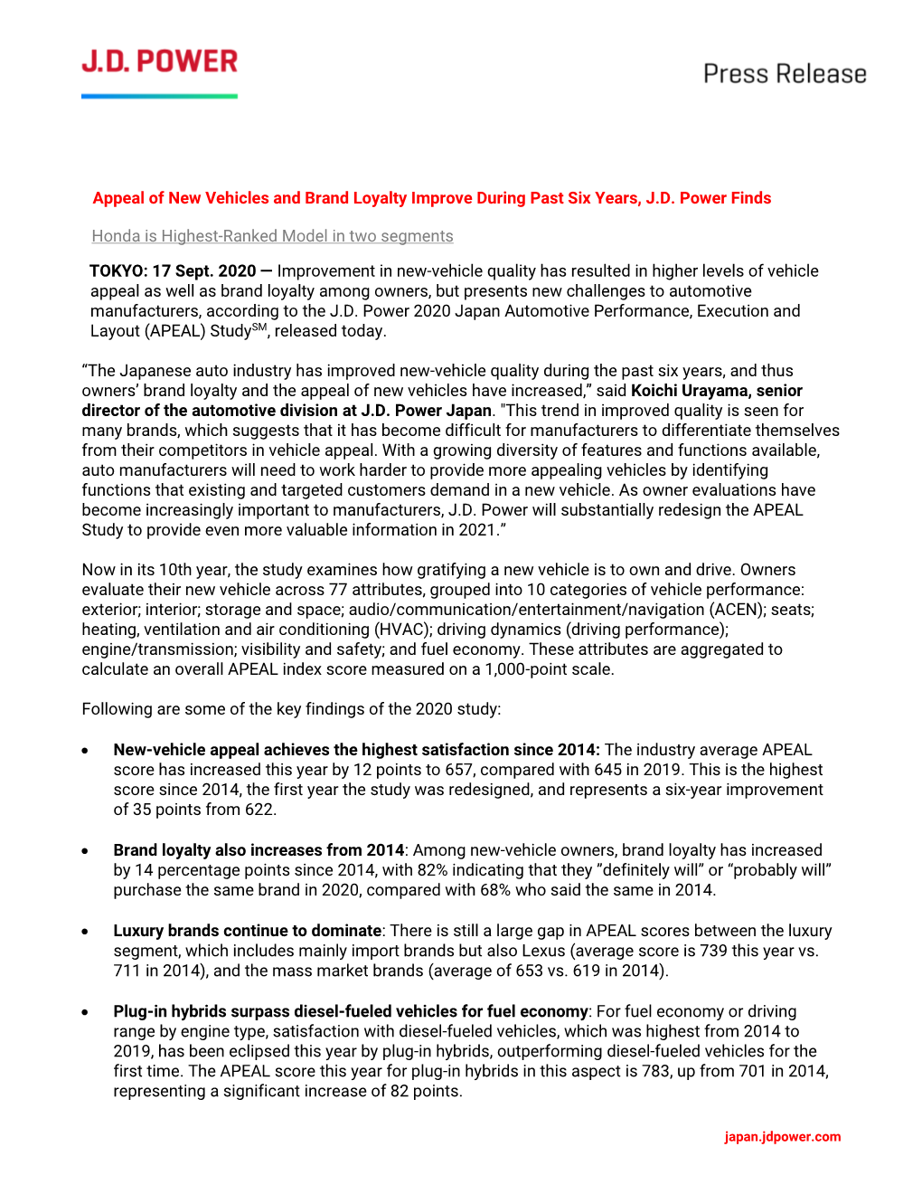 Appeal of New Vehicles and Brand Loyalty Improve During Past Six Years, J.D. Power Finds Honda Is Highest-Ranked Model in Two Se