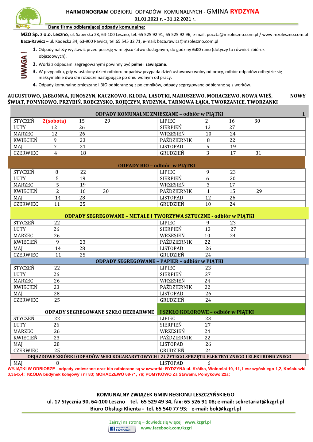 HARMONOGRAM ODBIORU ODPADÓW KOMUNALNYCH - GMINA RYDZYNA 01.01.2021 R