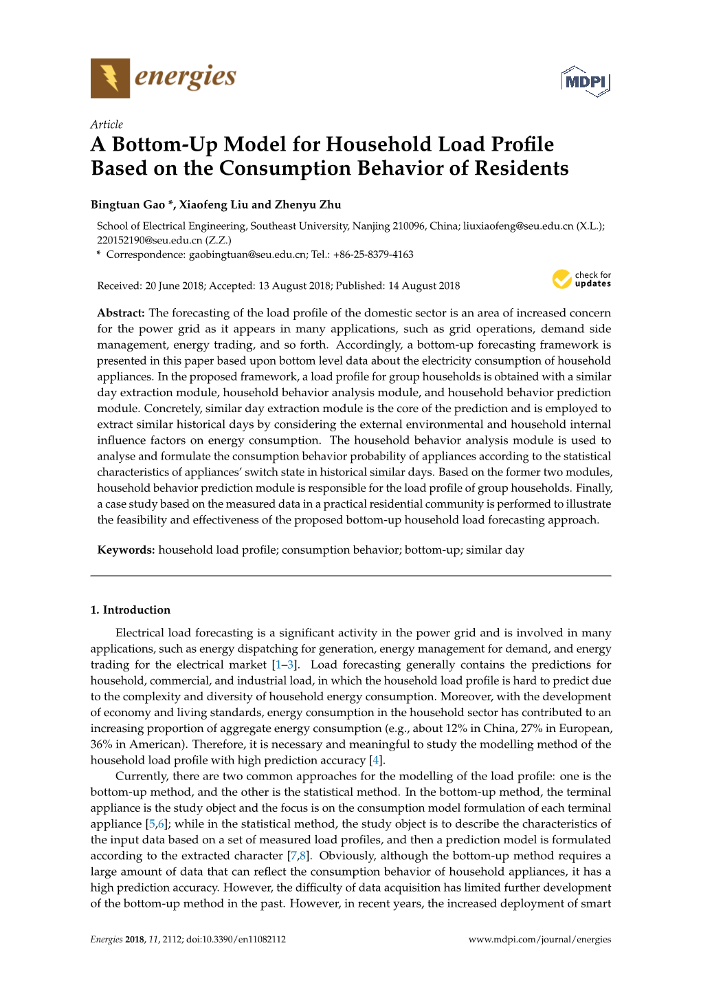 A Bottom-Up Model for Household Load Profile Based on the Consumption Behavior of Residents