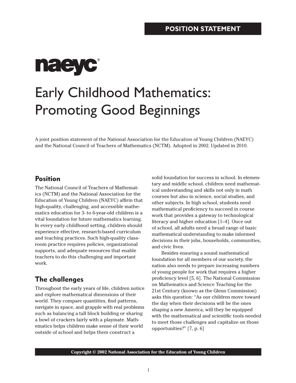 Early Childhood Mathematics: Promoting Good Beginnings