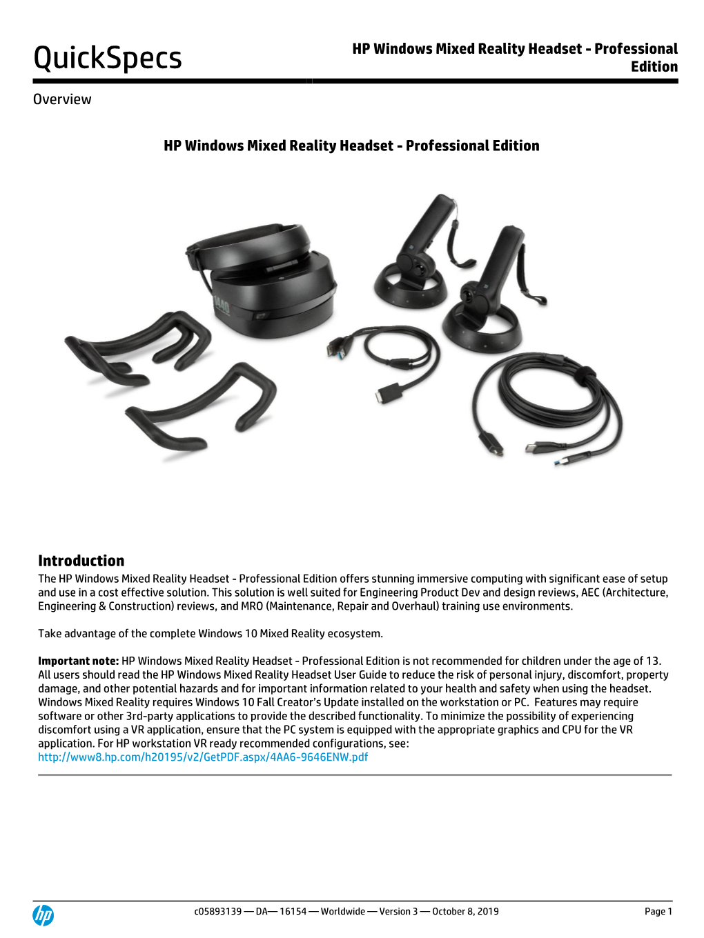 HP Windows Mixed Reality Headset - Professional Quickspecs Edition