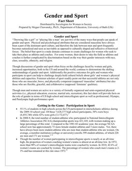 Gender and Sport Fact Sheet Distributed by Sociologists for Women in Society Prepared by Megan Chawansky, Ph.D., Department of Education, University of Bath (UK)