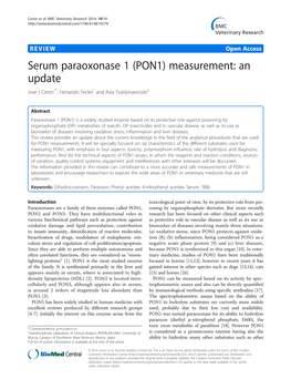 Serum Paraoxonase 1 (PON1) Measurement: an Update Jose J Ceron1*, Fernando Tecles1 and Asta Tvarijonaviciute2