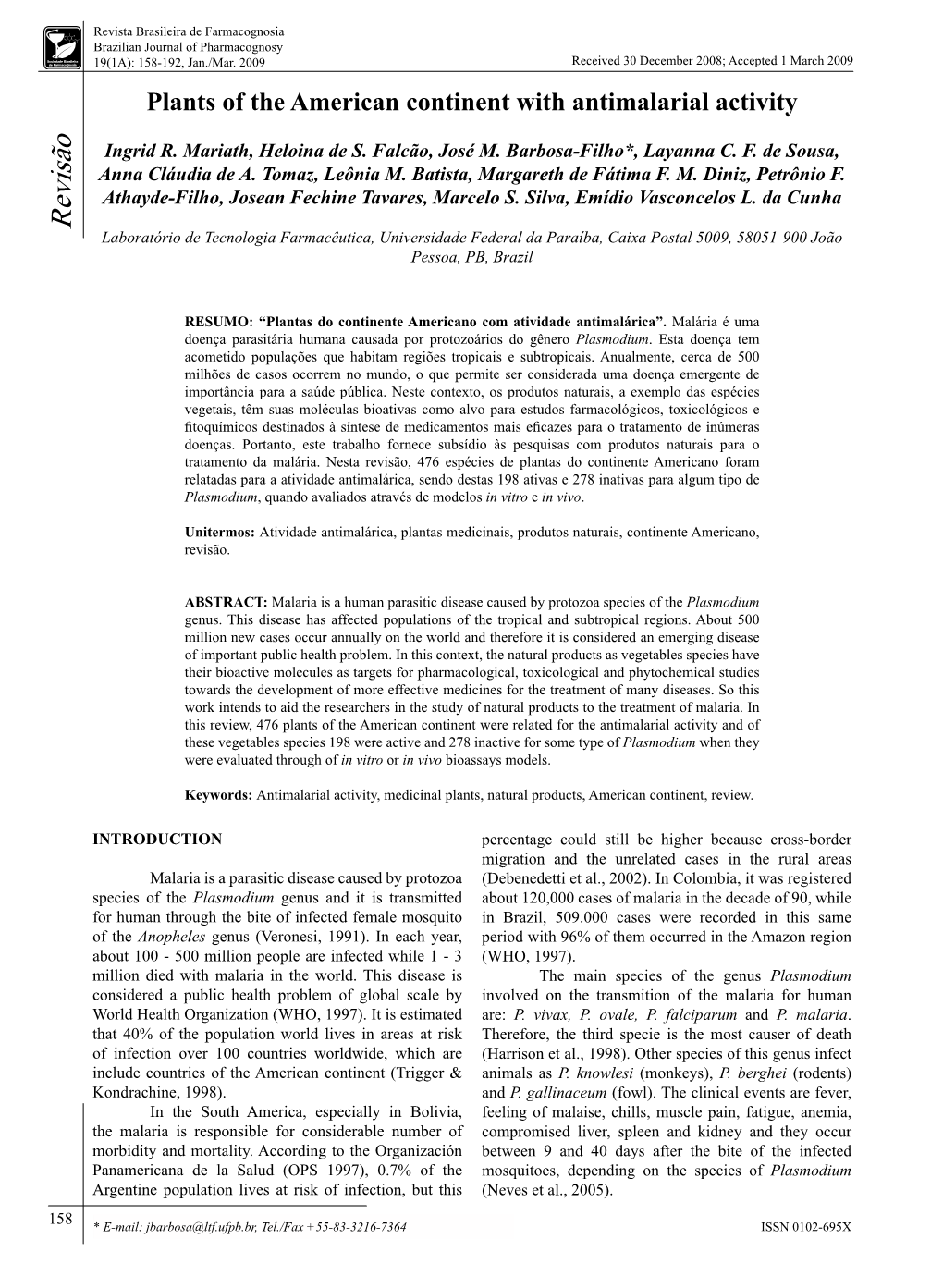 Plants of the American Continent with Antimalarial Activity