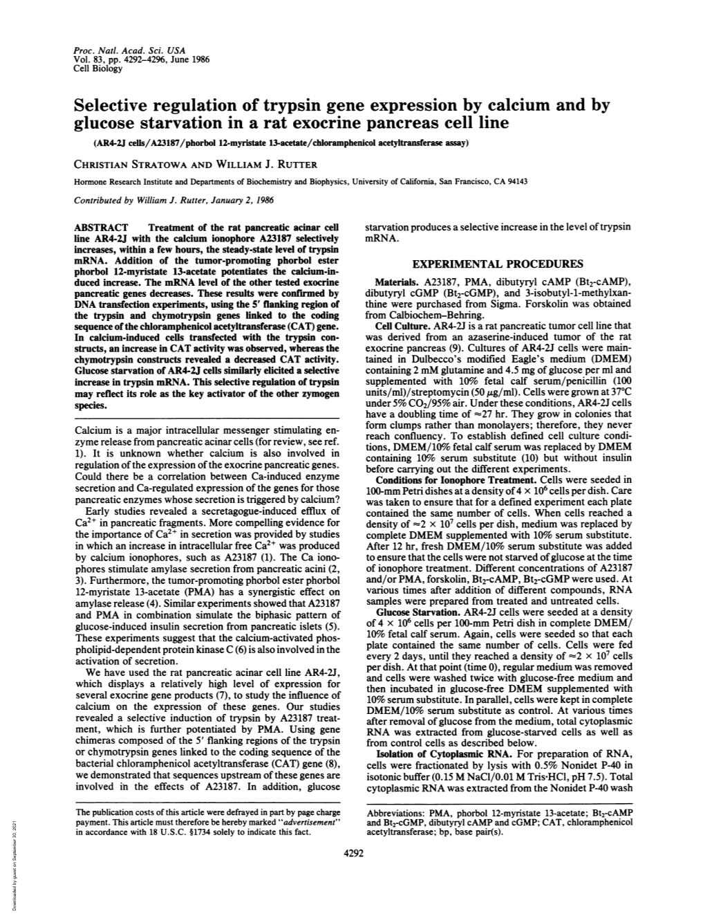 Selective Regulation of Trypsin Gene Expression by Calcium And