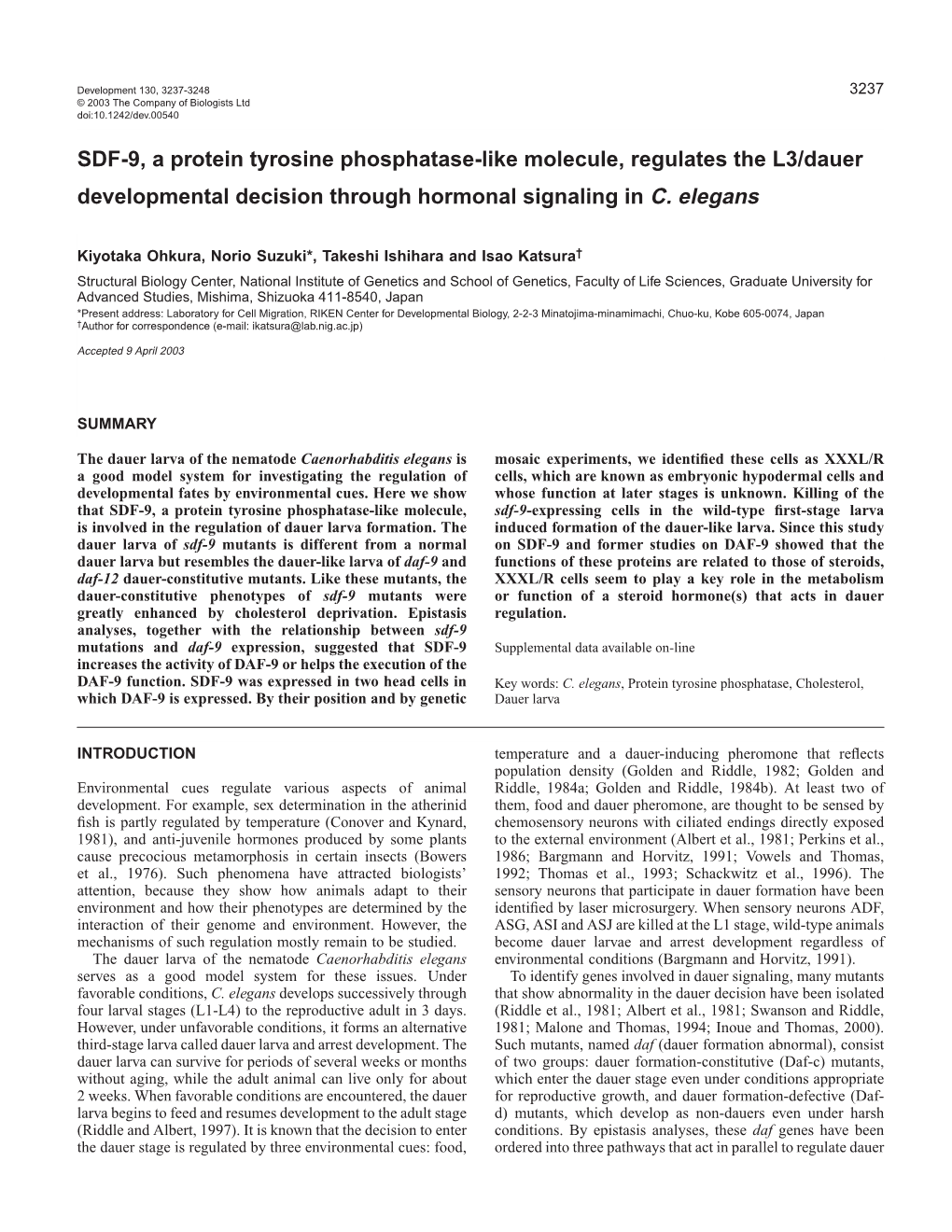 SDF-9, a Protein Tyrosine Phosphatase-Like Molecule, Regulates the L3/Dauer Developmental Decision Through Hormonal Signaling in C