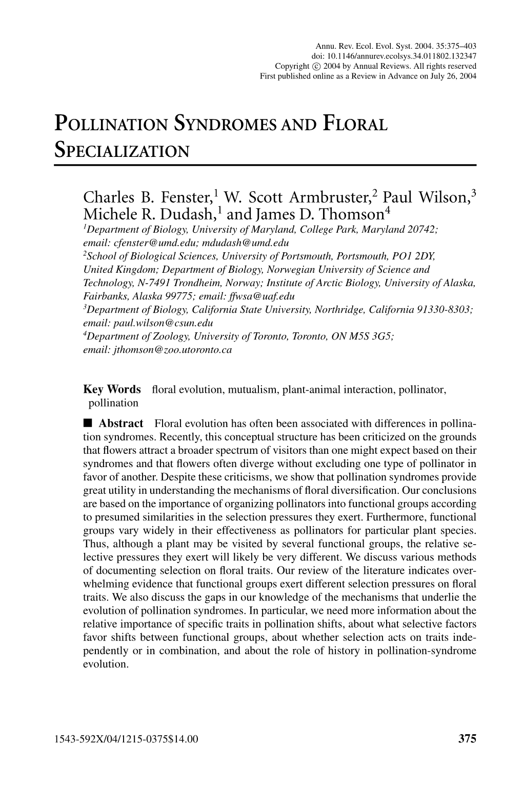 POLLINATION SYNDROMES and FLORAL SPECIALIZATION Charles
