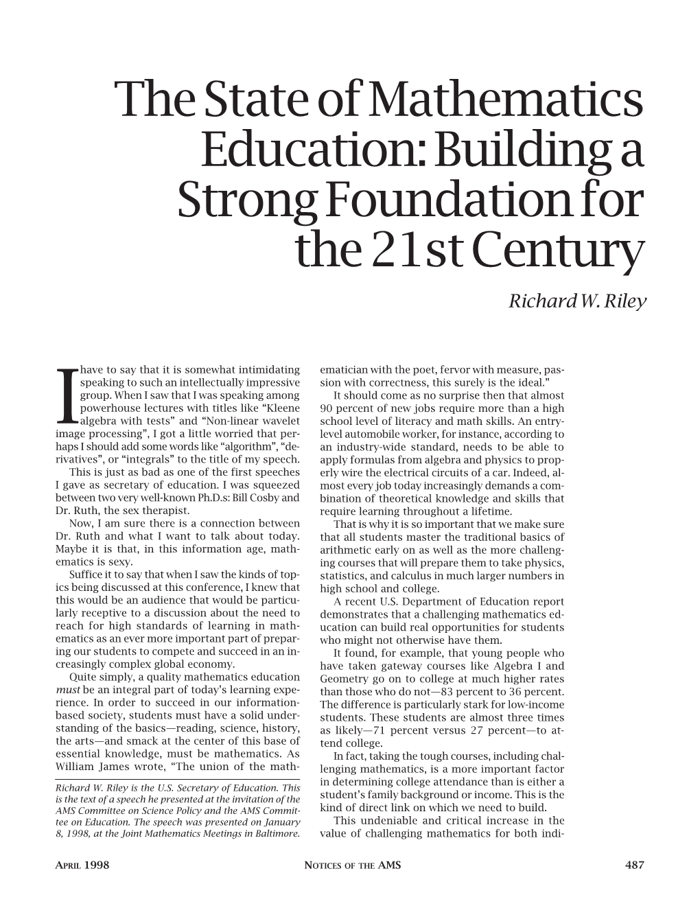 The State of Mathematics Education: Building a Strong Foundation for the 21St Century Richard W