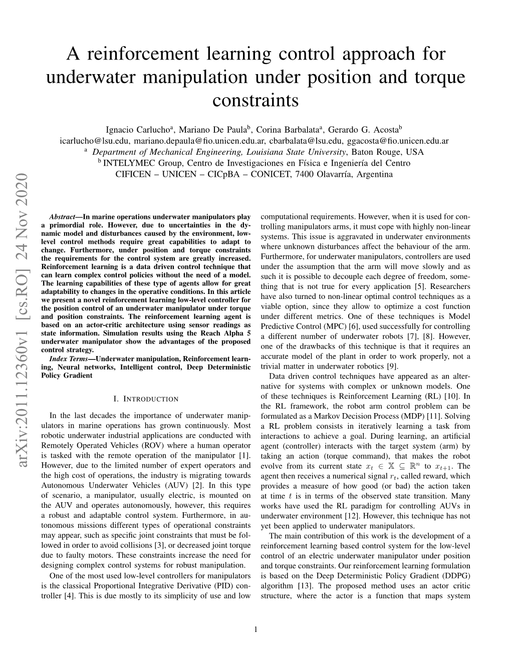 A Reinforcement Learning Control Approach for Underwater Manipulation Under Position and Torque Constraints