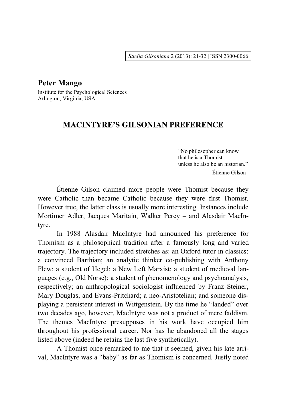 Peter Mango MACINTYRE's GILSONIAN PREFERENCE