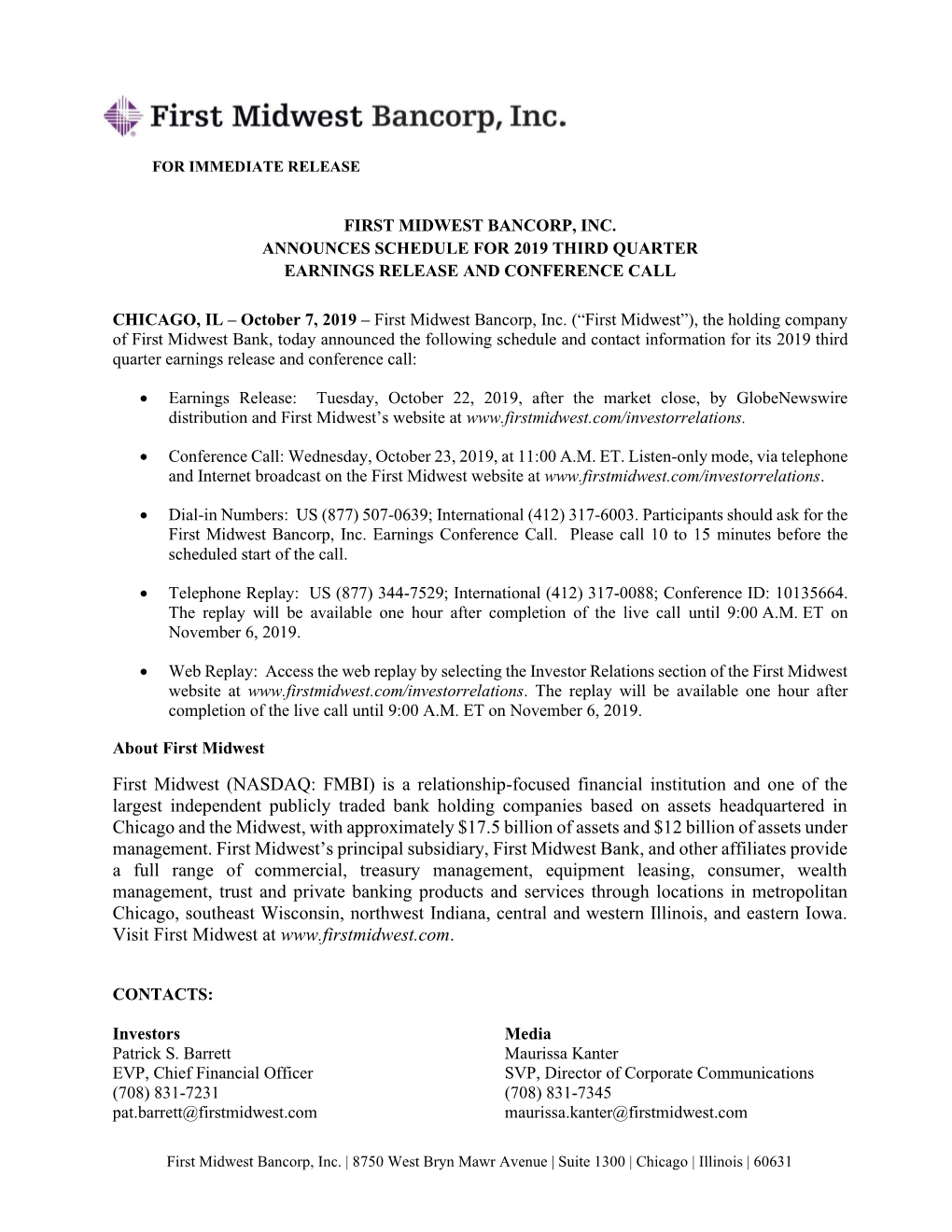 First Midwest Bancorp, Inc. Announces Schedule for 2019 Third Quarter Earnings Release and Conference Call