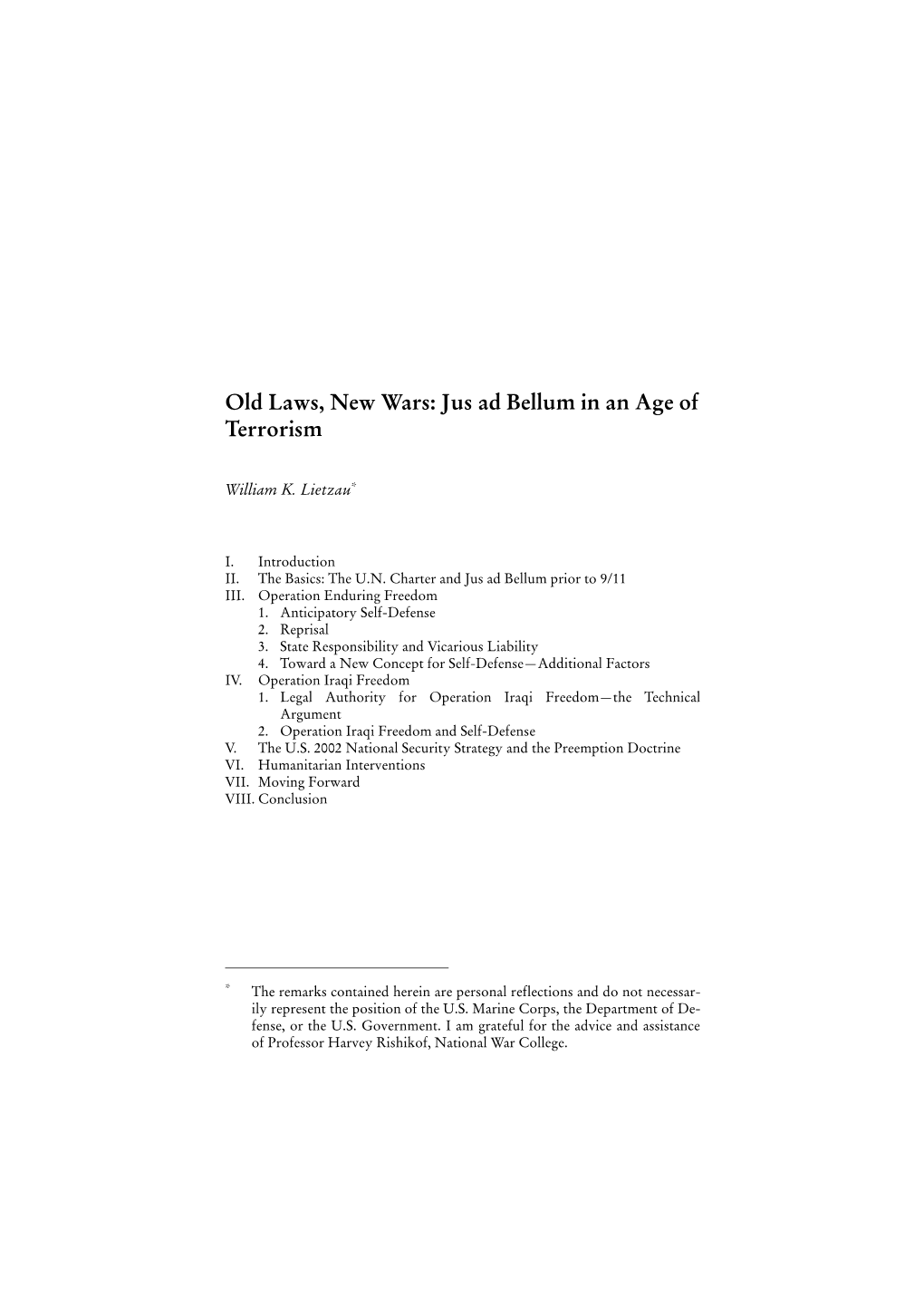 Old Laws, New Wars: Jus Ad Bellum in an Age of Terrorism (PDF, 410.9