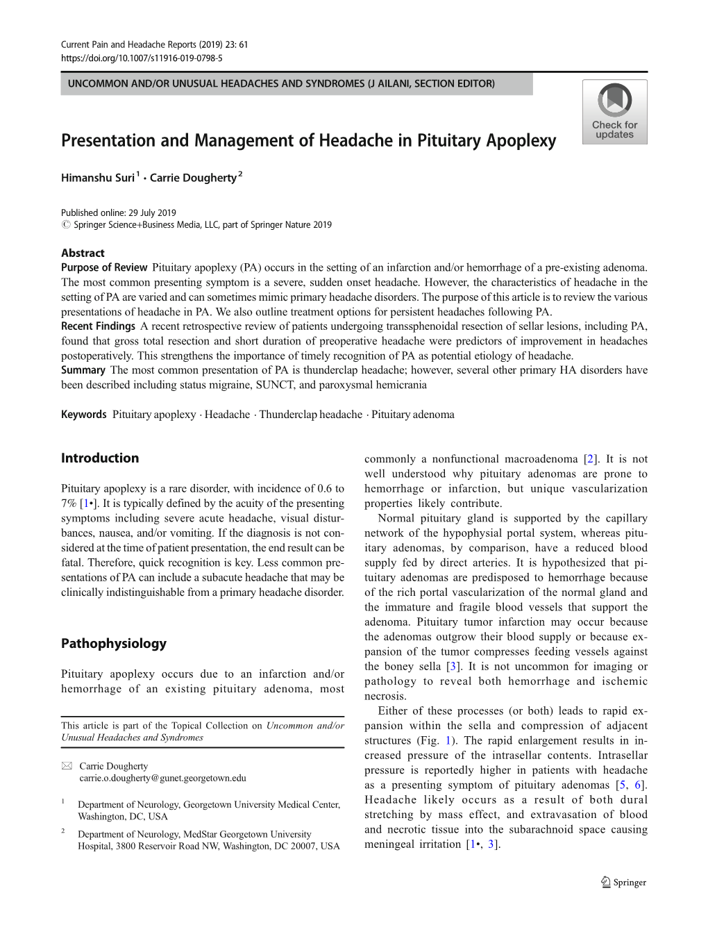 Presentation and Management of Headache in Pituitary Apoplexy