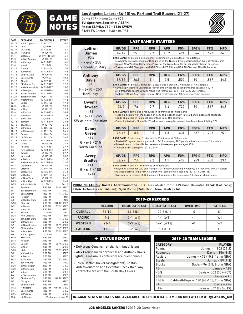 Game Notes KOBE BRYANT