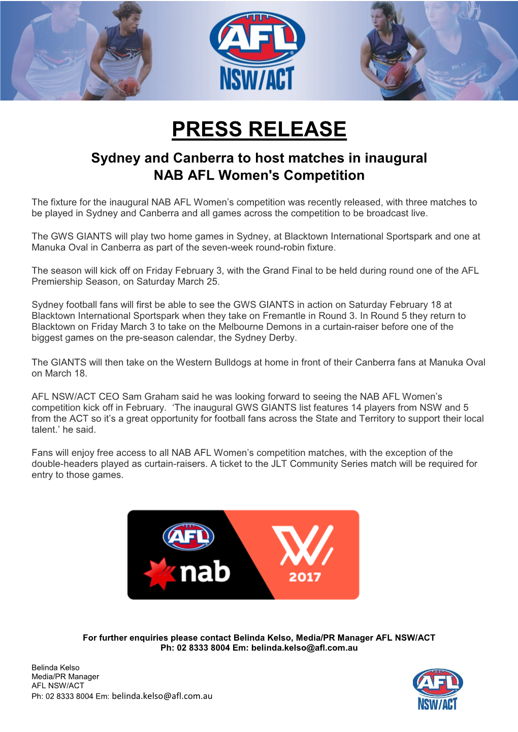 PRESS RELEASE Sydney and Canberra to Host Matches in Inaugural NAB AFL Women's Competition