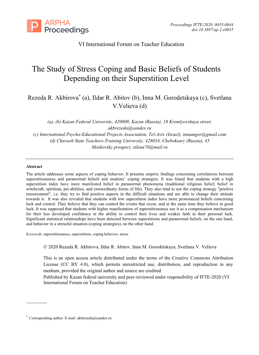 The Study of Stress Coping and Basic Beliefs of Students Depending on Their Superstition Level