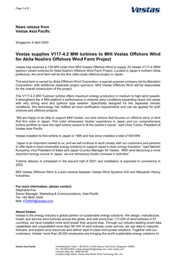 Vestas Supplies V117-4.2 MW Turbines to MHI Vestas Offshore Wind for Akita Noshiro Offshore Wind Farm Project