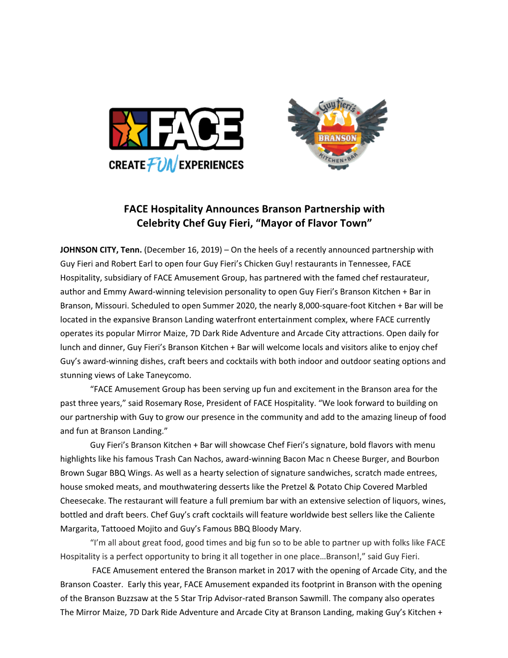 FACE Hospitality Announces Branson Partnership with Celebrity Chef Guy Fieri, “Mayor of Flavor Town”