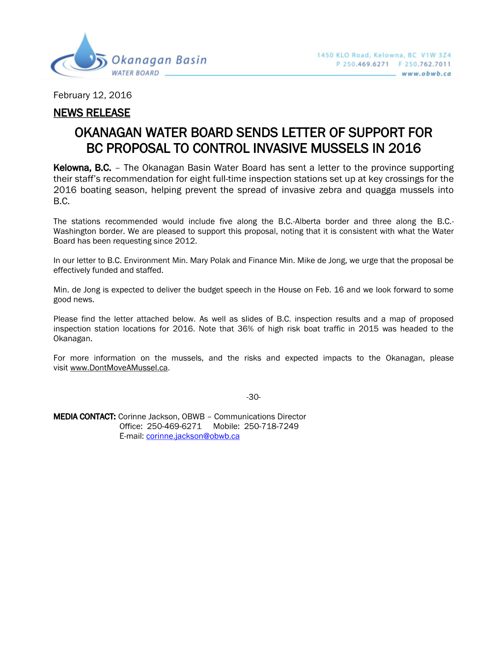 Okanagan Water Board Sends Letter of Support for Bc Proposal to Control Invasive Mussels in 2016