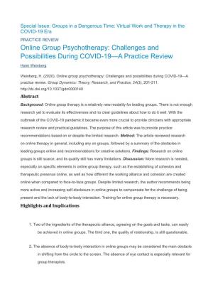 Online Group Psychotherapy: Challenges and Possibilities During COVID-19—A Practice Review