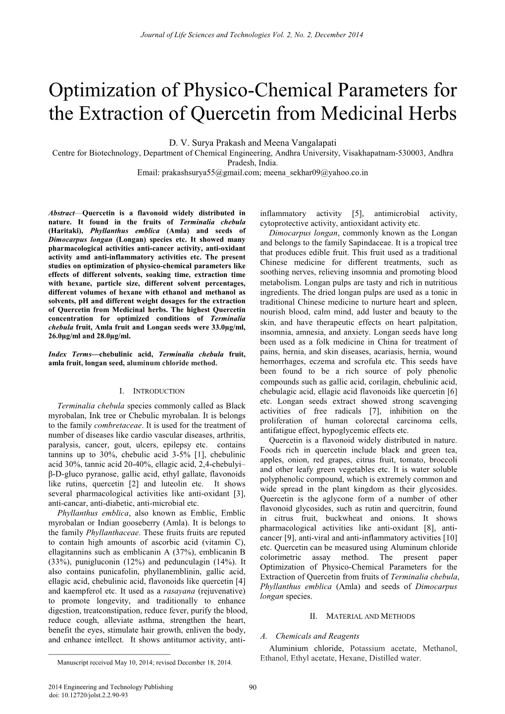Optimization of Physico-Chemical Parameters for the Extraction of Quercetin from Medicinal Herbs