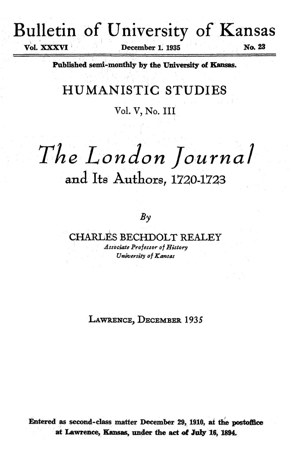 The London Journal and Its Authors 1720-1723 the London Journal and Its Authors, 1720-1723