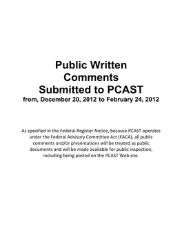 Public Written Comments Submitted to PCAST From, December 20, 2012 to February 24, 2012